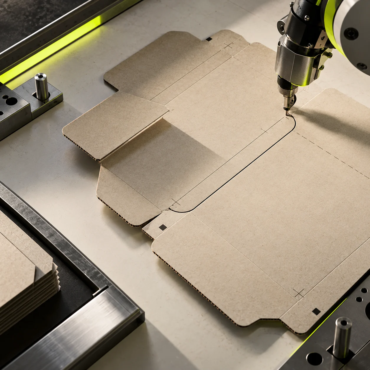 Editorial study of a robotic tool cutting a corrugated board blank