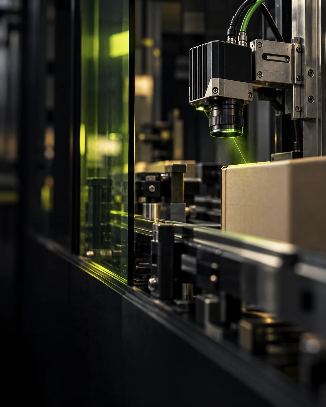 Editorial study of a machine vision inspection camera over a carton